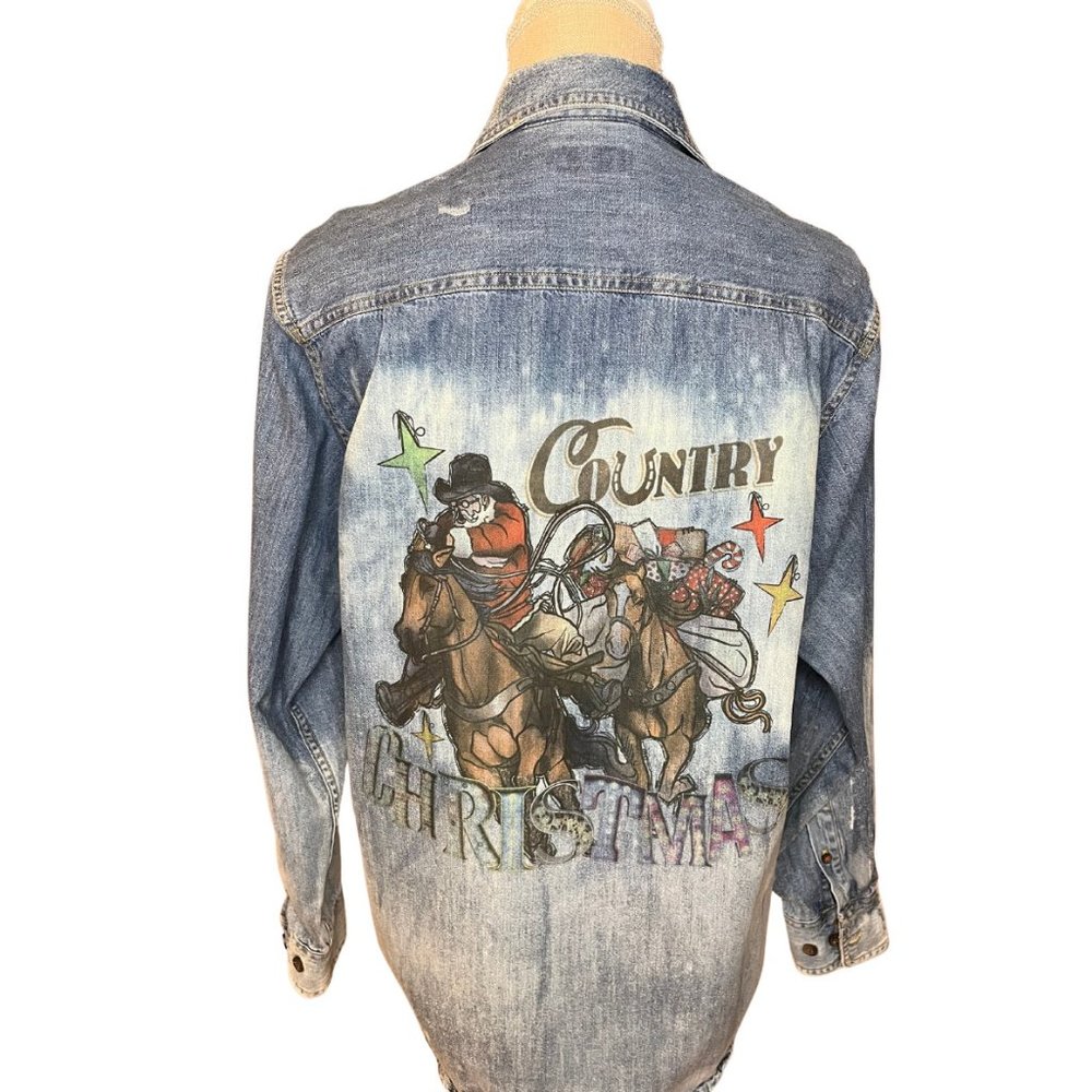 Super Cute Upcycled Country Christmas Button Down Denim Shirt